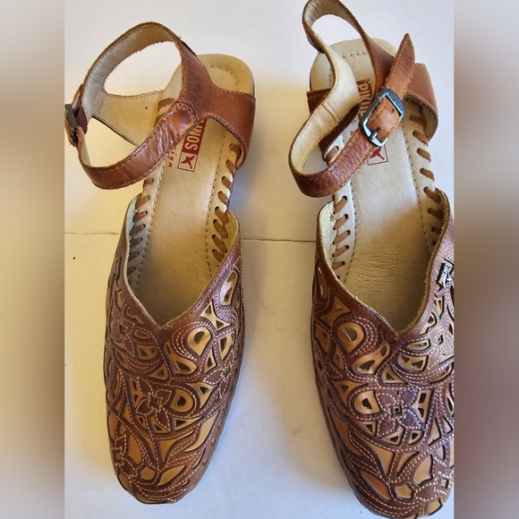 Pikolinos Women's Brown Tan Leather Sling Back Shoes Laser Cut Out SZ 40 9 -9.5 - Picture 4 of 15